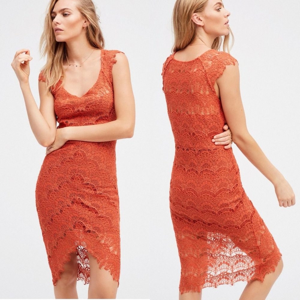 Free People Intimately Peekaboo Lace Slip Dress Sunset Orange, Medium